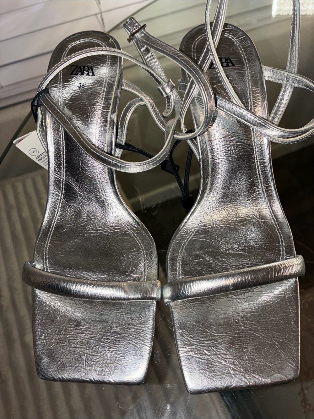 ZARA Silver Metallic Strappy Square-Toe Sandals